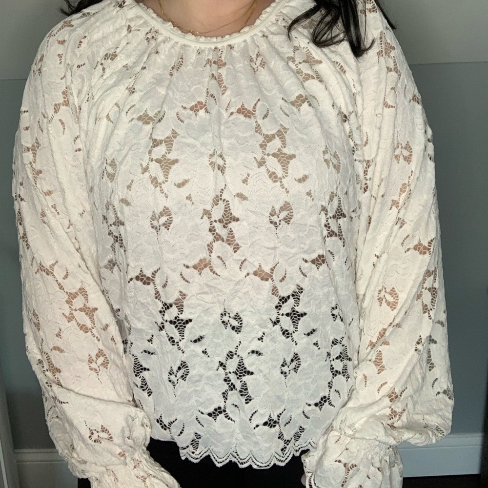 Free People White Lace Long Sleeve Blouse